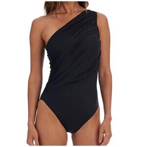 La Blanca Shirred One Shoulder One Piece Swimsuit Size 12 Black New With Tags